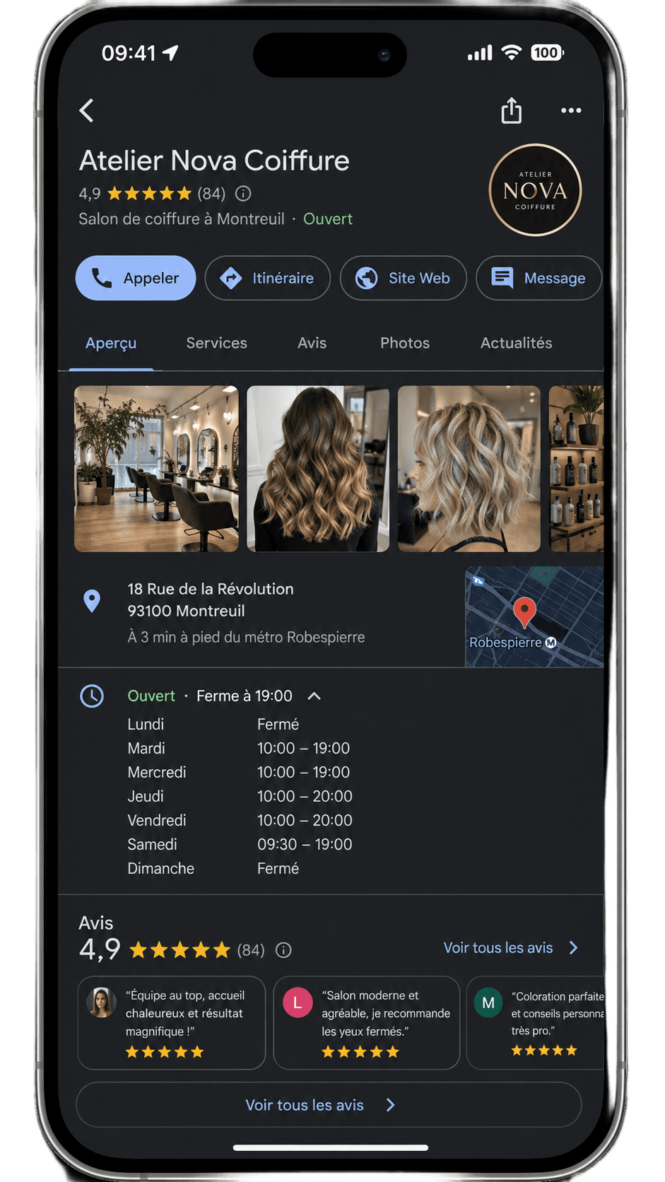 Une fiche Google Business Profile optimisée, vue sur mobile : photos, horaires, itinéraire et avis